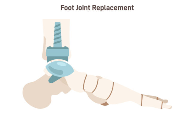 Joint implantation. Injured or distracted human ankle joint replaced with artificial prosthesis.